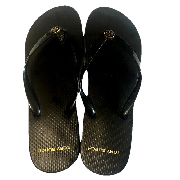 TORY BURCH Wedge Platform Gold Logo Flip Flops Black Women Sandals Size US 9? - Picture 6 of 13
